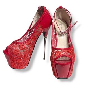 GETMOREBEAUTY Red Lace & Patent Leather Platform Stilettos Ankle Strap Size 36/6